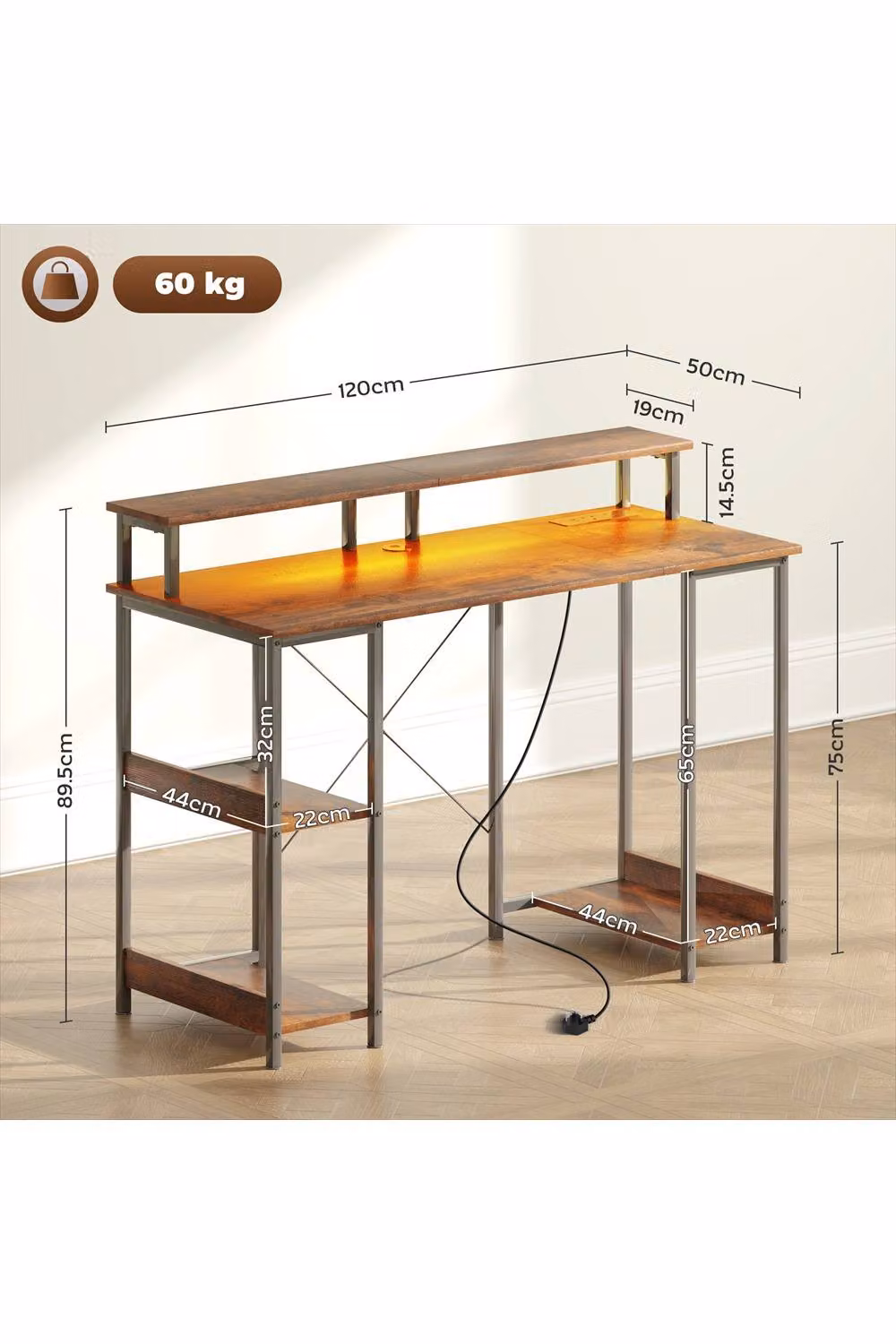 ERGOVEXA LED Computer Desk with Power Outlets and Shelves in Rustic Brown – 2