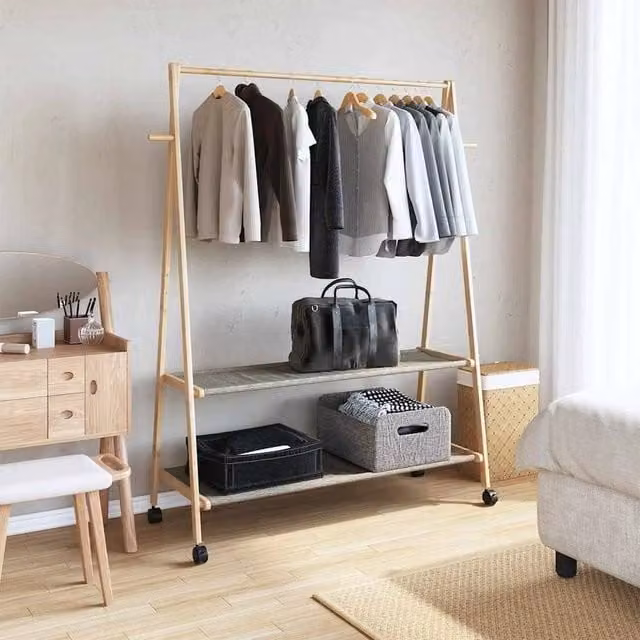 EONLION Bamboo Clothes Rail with Shelves and Wheels in Sand