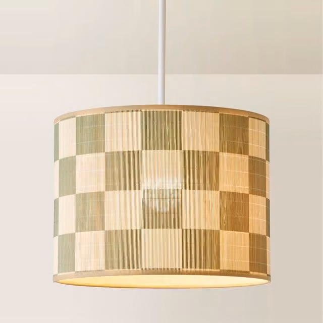 Lori Checkerboard Bamboo Drum Ceiling Lamp Shade in Green