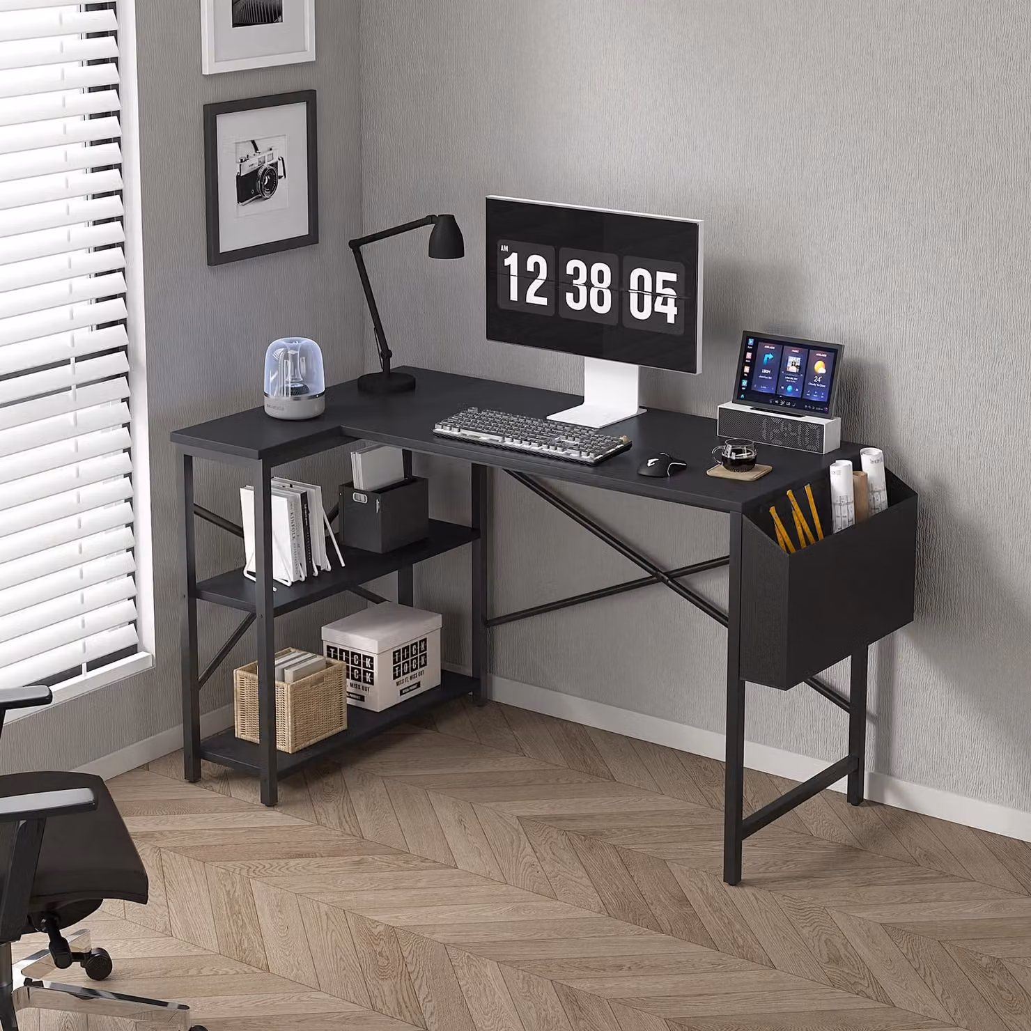 MCC Direct Lotus L-Shaped Corner Computer Desk with Adjustable Shelves, Black, 120 cm – 2