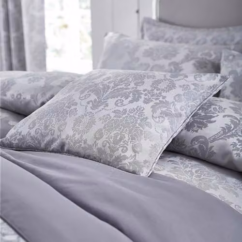 Catherine Lansfield Silver Grey Damask Jacquard Floral Square Cushion, W/D/H: 43 x 43 x 43 cm
