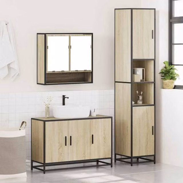 Berkfield Home 3 Piece Industrial Bathroom Furniture Set in Sonoma Oak and Brown – 1