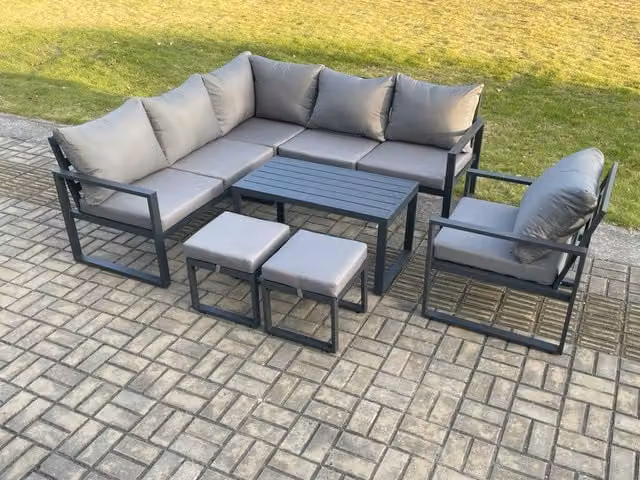 Fimous Aluminium Outdoor Garden Furniture Set in Dark Grey with Lounge Sofas, Coffee Table and Footstools