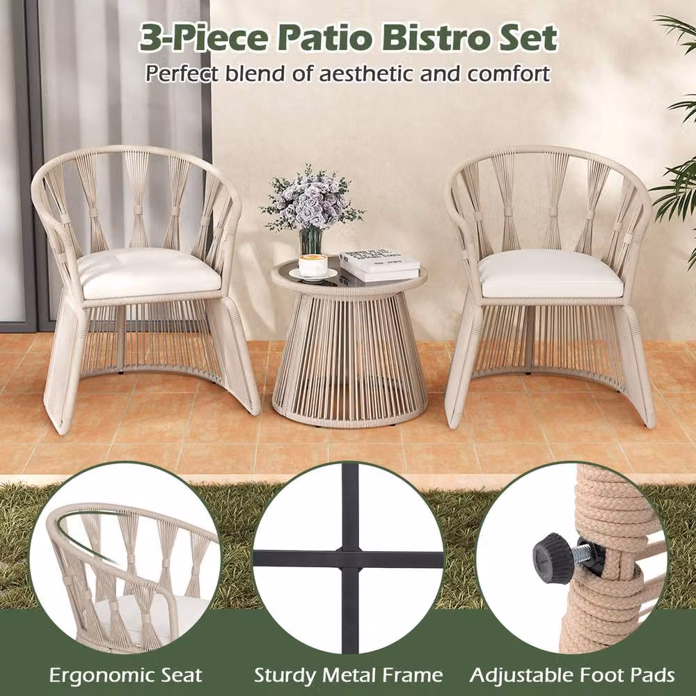 Costway 4 Piece Patio Furniture Set with 3 Rope-Woven Armchairs and Glass Top Table in Beige and Multicolour – 3