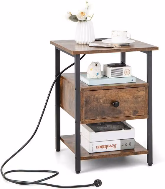 Costway 3-Tier Brown Nightstand with Charging Station and Industrial Wood and Metal Design