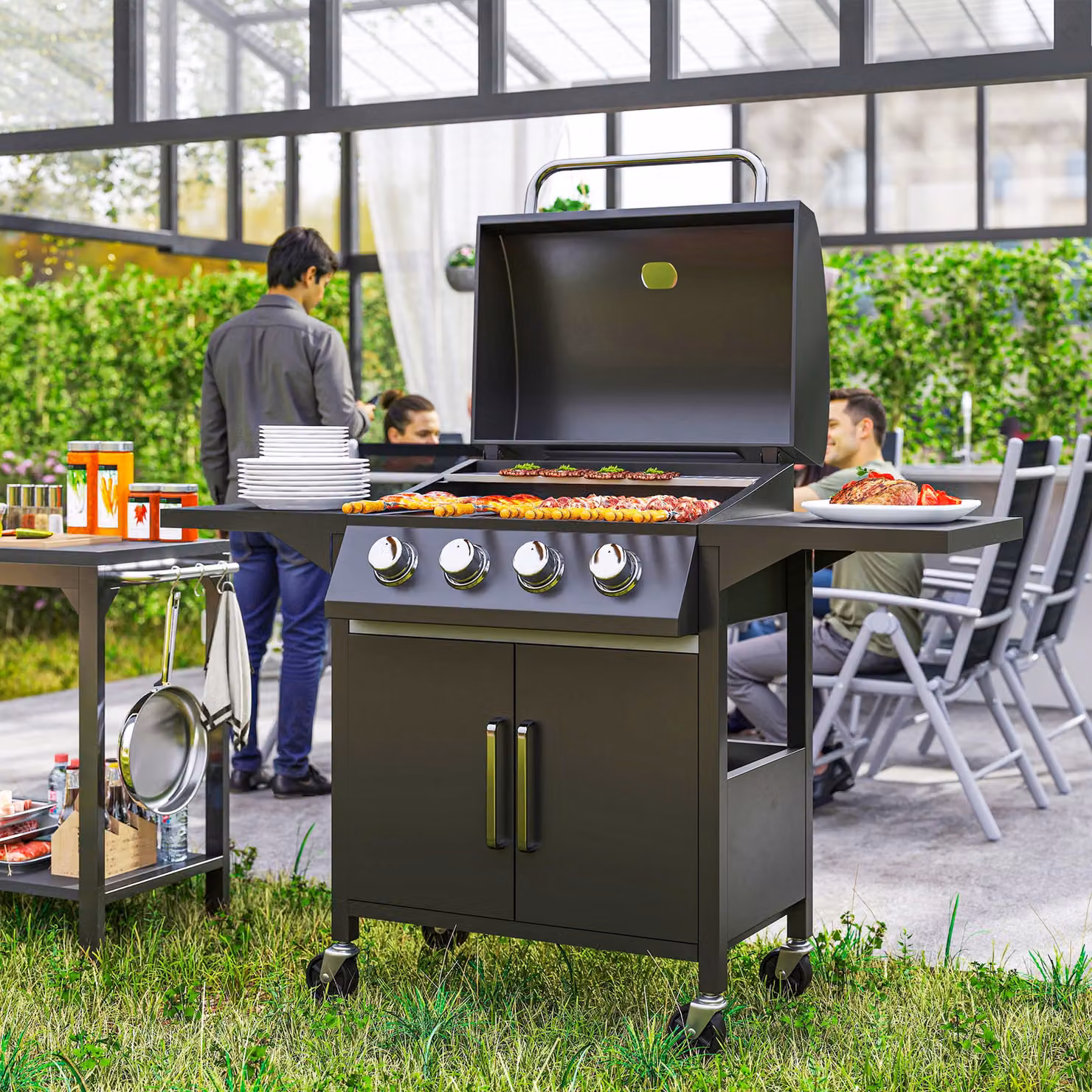 Outsunny 4 Burner Gas BBQ Grill Trolley in Black with Warming Rack, Side Shelves, Storage Cabinet, Thermometer and Wheels, W/D/H: 132 x 60 x 109 cm – 2