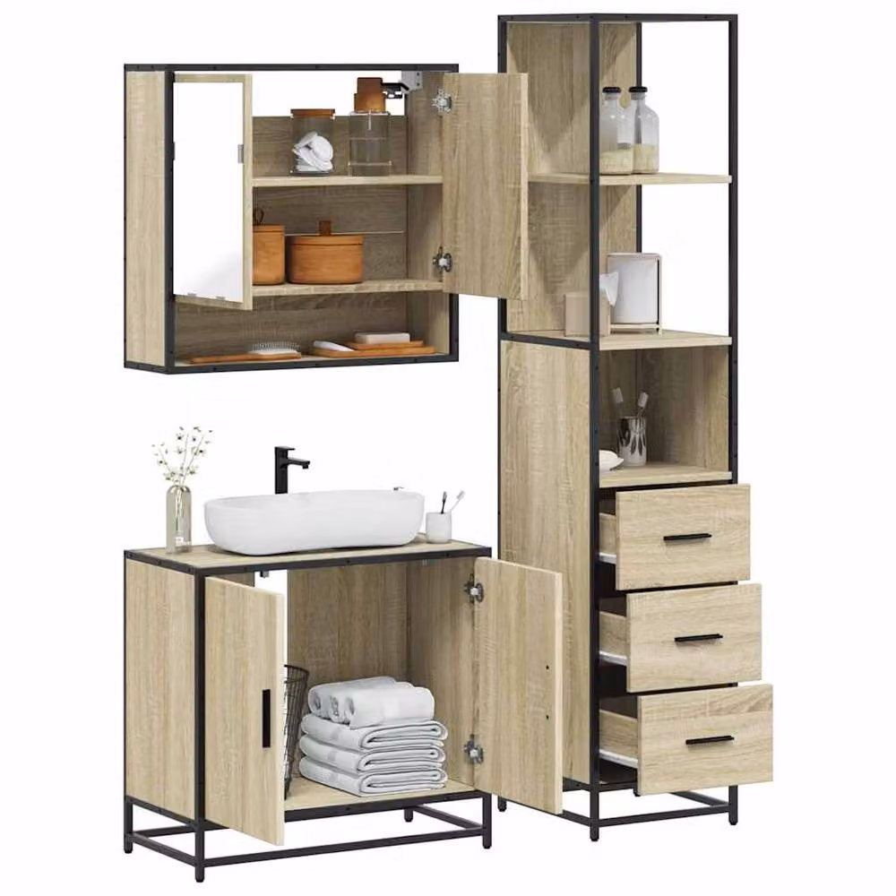 Berkfield Home 3 Piece Industrial Bathroom Furniture Set in Sonoma Oak and Brown – 2