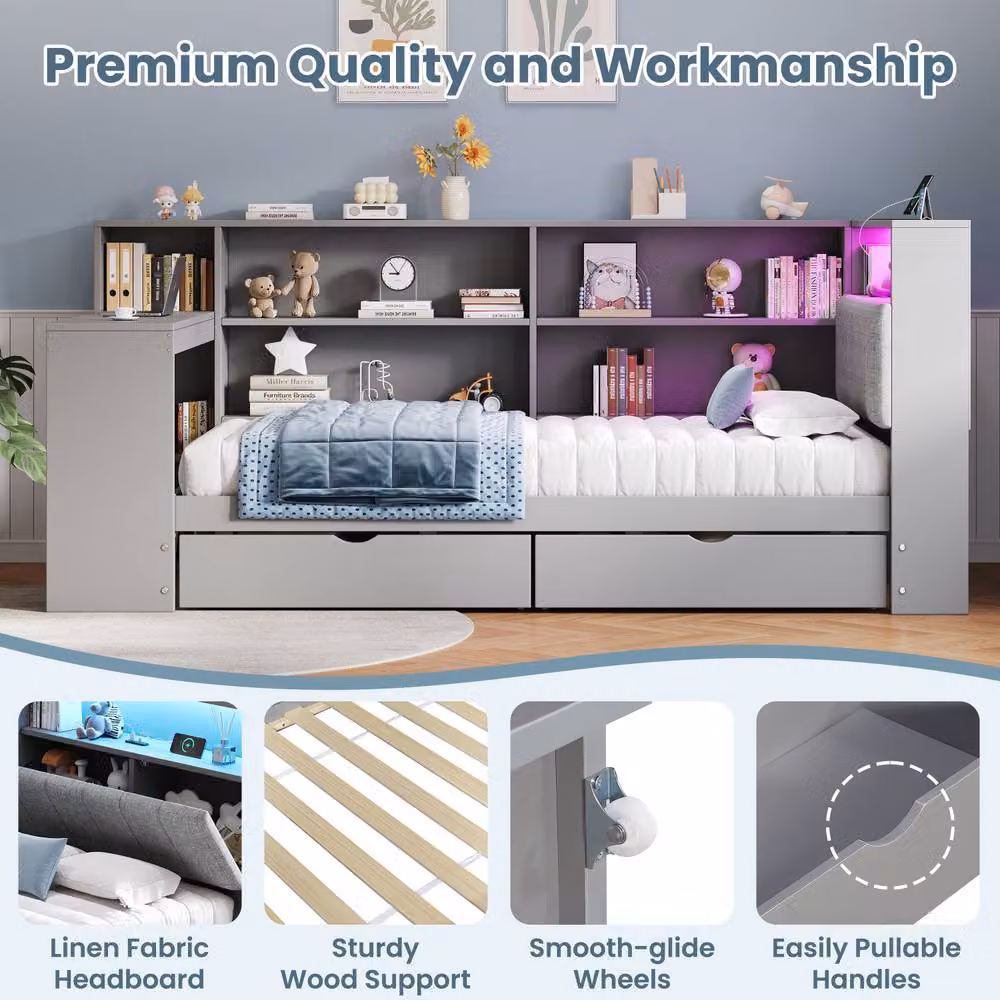 ModernLuxe L-shaped single daybed in grey with desk, drawers, LED storage headboard, USB charging port and bedside shelf, W/D/H: 190 x 90 x 118 cm – 3
