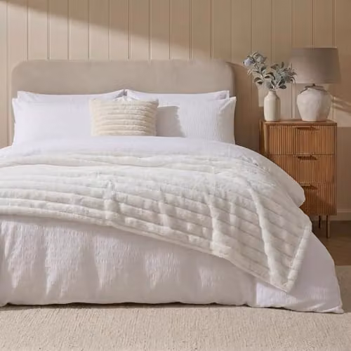 OHS White Faux Fur Ribbed Fleece Throw Blanket, W/D/H: 150 x 200 cm – 2