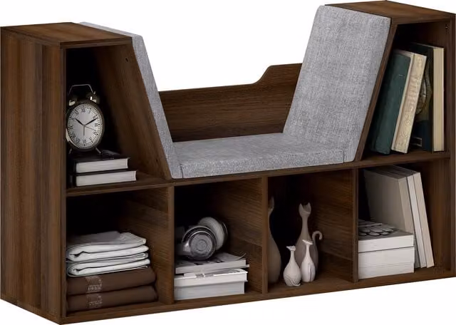 HOMCOM Cube Bookshelf Organizer with Cushioned Reading Seat in Chestnut Brown – 1