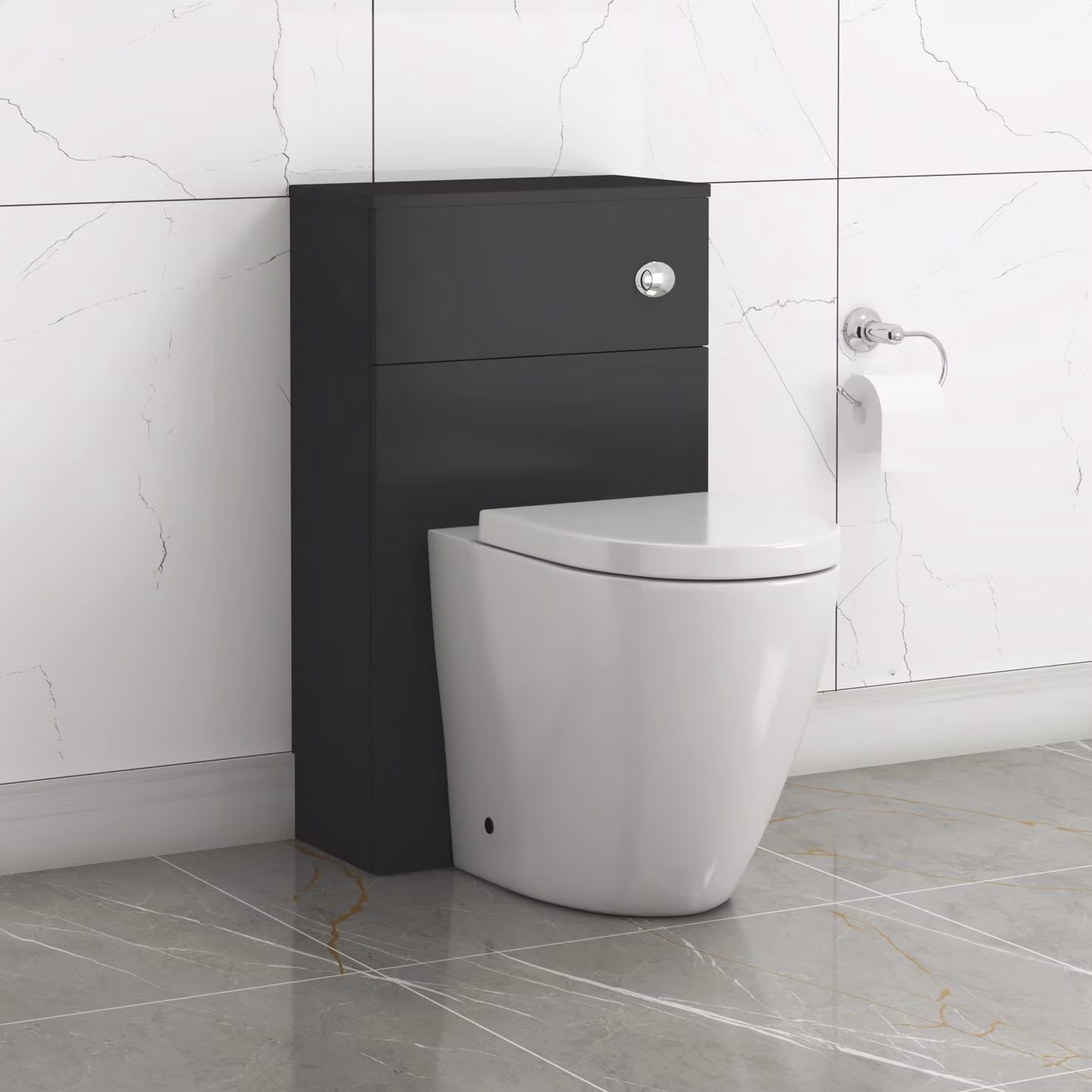 Royal Bathrooms Turin Matt Black BTW WC Unit with Elva Rimless Short Projection Ceramic Toilet Pan, Seat and Cistern, Width: 50 cm