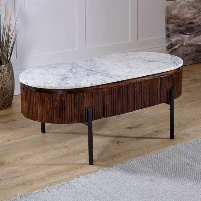 IH Design Luxor Rectangular Fluted Coffee Table with Marble Top and Metal Legs, Brown and Black, W: 110 cm, D: 55 cm, H: 45 cm