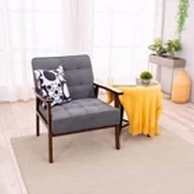 EONLION Retro Armchair with Solid Wood Frame and Grey Fabric Cushion