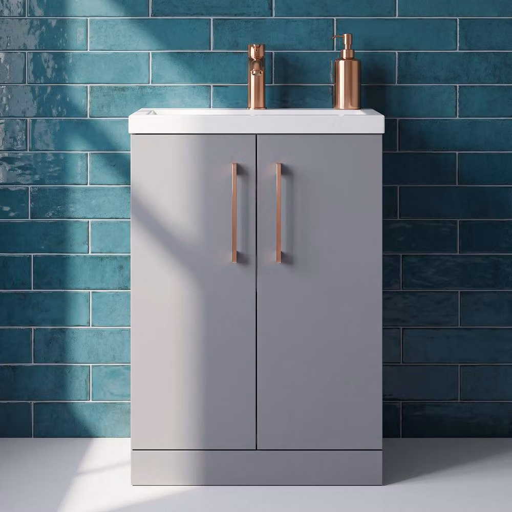 Balterley Modern Bathroom Vanity Basin Unit in Matt Satin Grey with Copper Handles, Width: 60 cm – 3