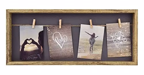 Nielsen Design Rustic Wooden Collage Photo Frame in Brown for 4 Pictures 9x13 cm with Clothesline Display and Clips