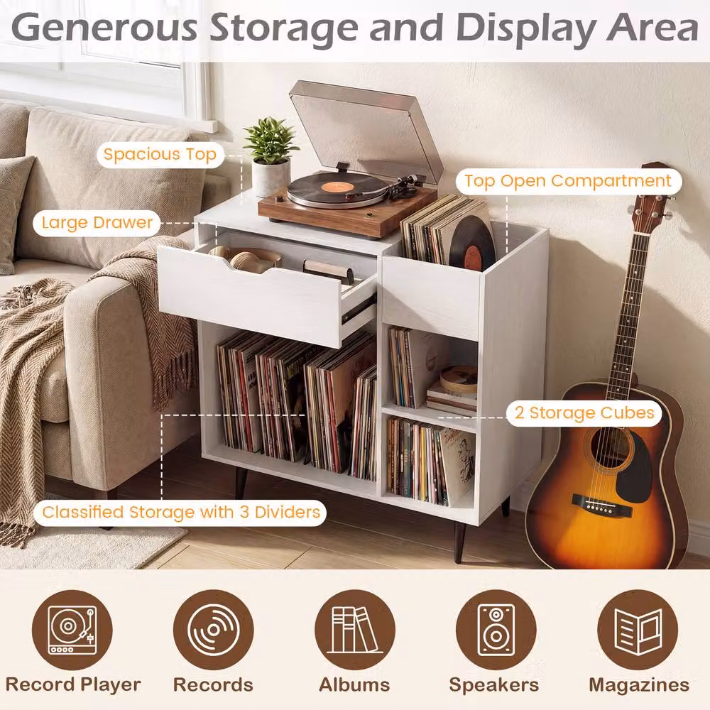 Costway Wooden Record Player Stand and Turntable End Table with Built-In Power Strip in White – 4
