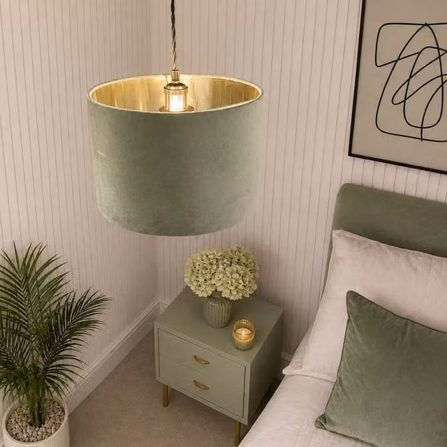 CGC Lighting Nila Round Drum Pendant Lamp Shade in Olive Green Velvet with Gold Inner Finish – 1