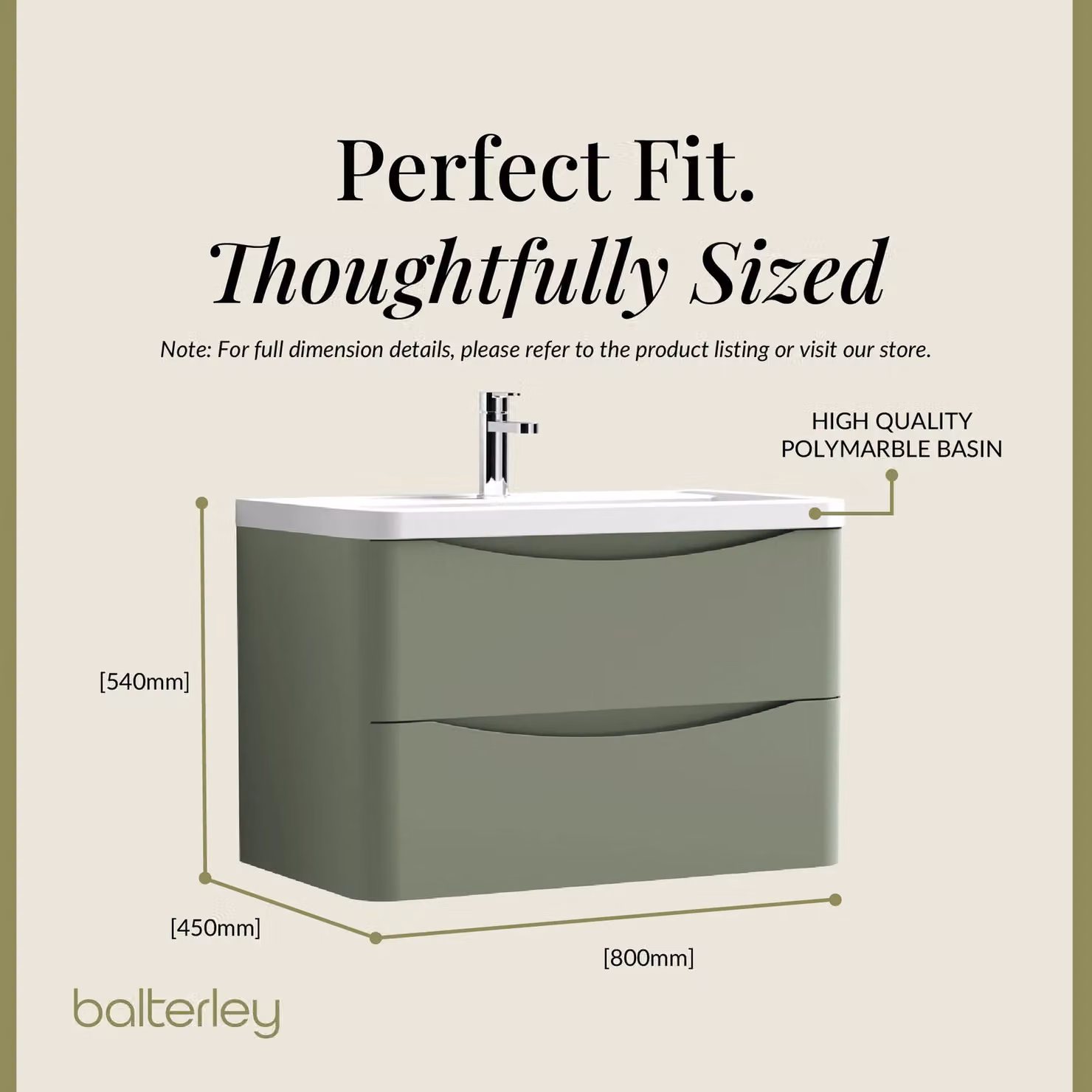 Balterley Wall Hung 2 Drawer Bathroom Vanity Unit and Basin, Satin Green, Width: 75.5 cm – 2