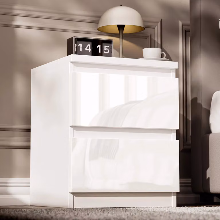 DHS High Gloss 2 Drawer White Bedside Table