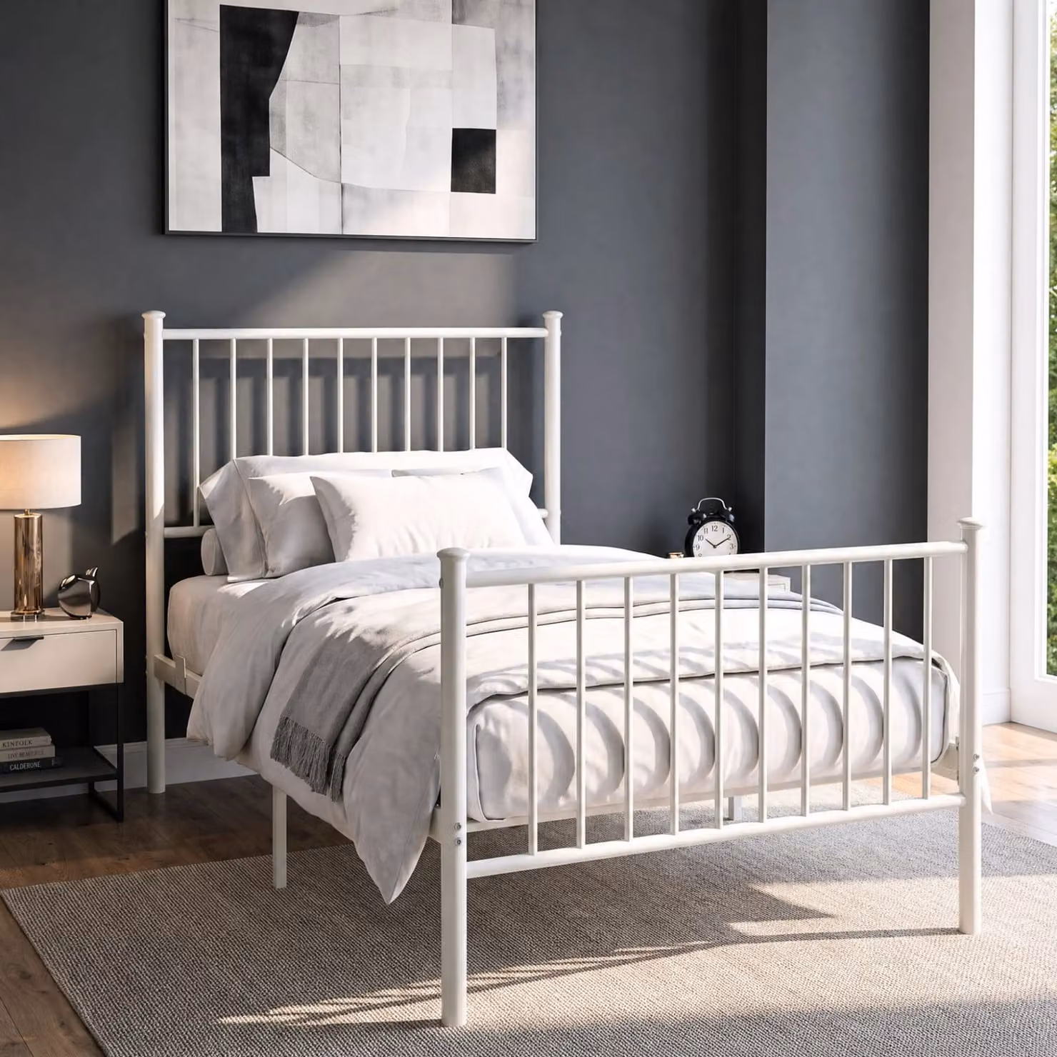DHS White Lacquered Metal Bed Frame with High Headboard, W/D/H: 100 x 200 cm