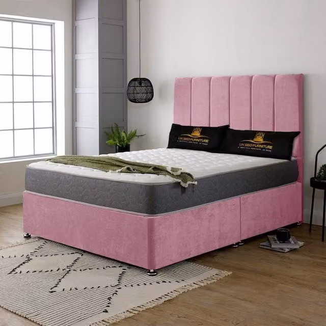 UK Bed Furniture Savannah Super King Divan Bed with 2 Drawers and 26 Inch Headboard in Pink Velvet