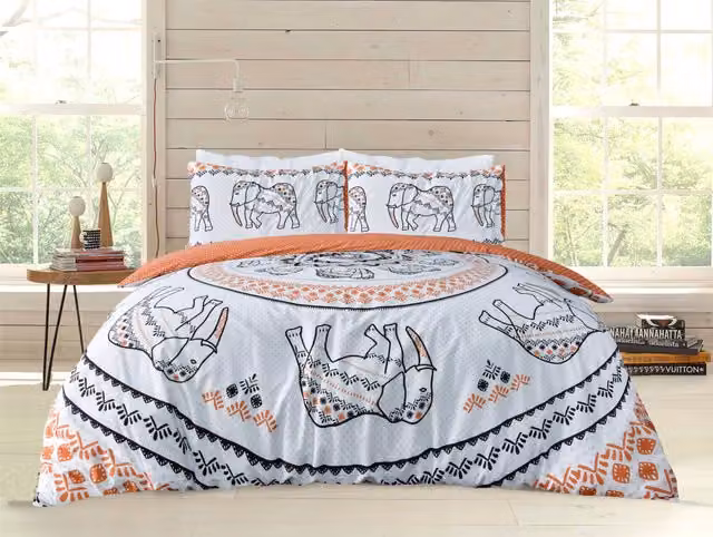 Smart Living Reversible Tribal Elephant Polycotton Duvet Cover and Pillowcase Set in Orange and White, W/D/H: 200 x 200 cm