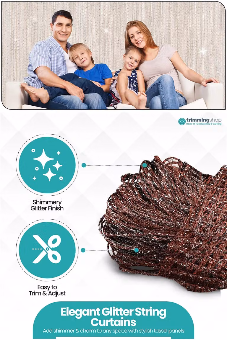 Neel Blue Glitter String Curtain Brown Polyester Fringe Spaghetti Tassel Panel, W: 90 cm, H: 200 cm
