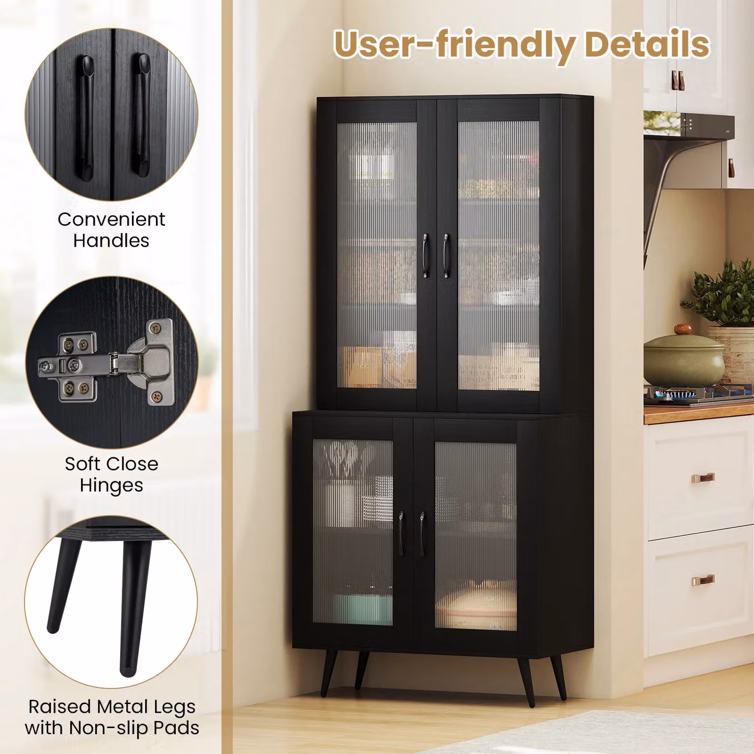 Gymax Modern Black Kitchen Pantry Cabinet with 4 Transparent Glass Doors, Height: 178 cm – 3