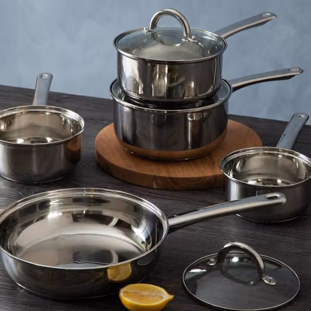 Orsina Crosse 5 Piece Stainless Steel Saucepan and Frying Pan Set with Glass Lids in Silver – 1