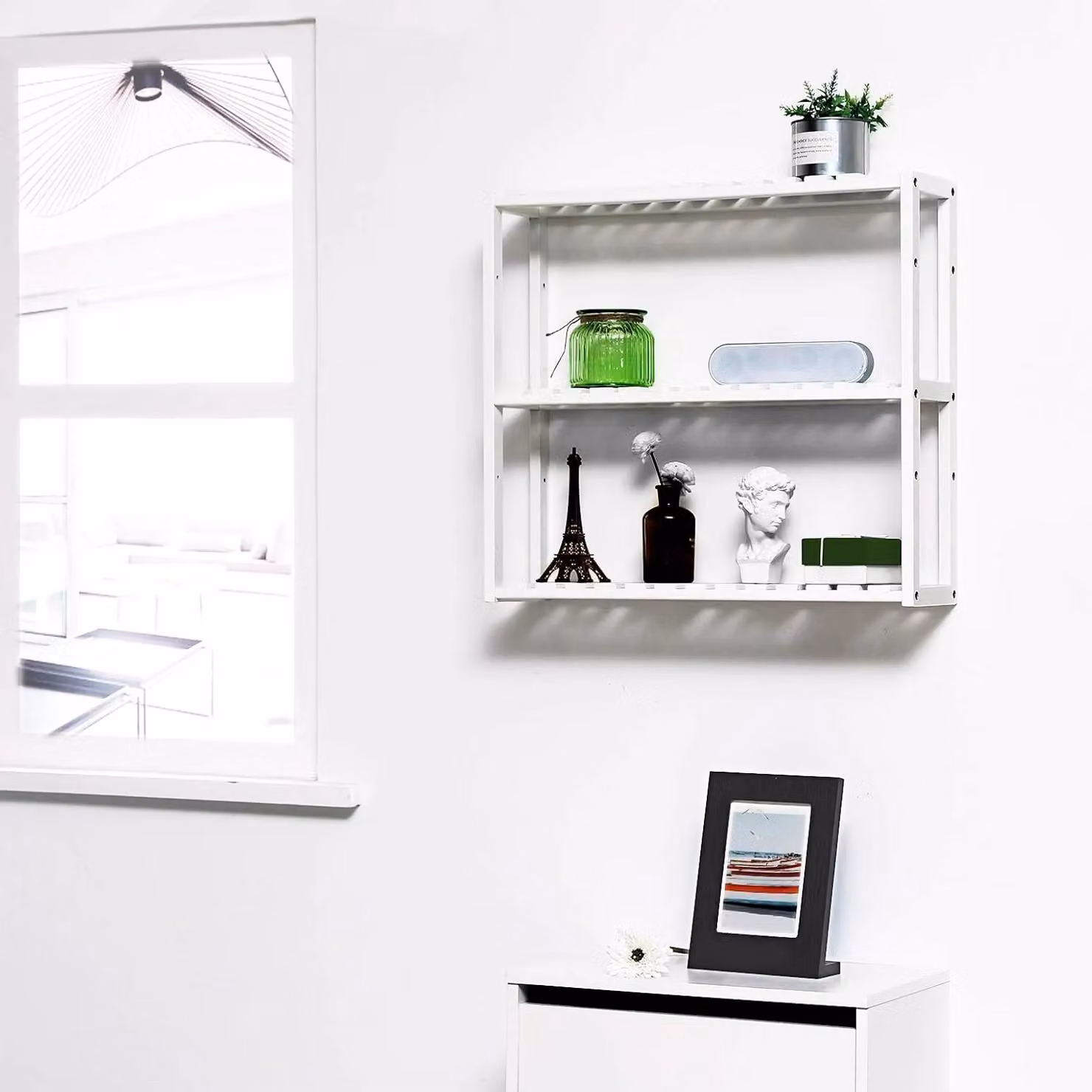 SONGMICS White 3 Tier Adjustable Bamboo Wall Mounted Shelf for Bathroom, Kitchen or Bedroom – 2