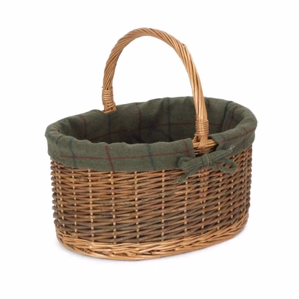Red Hamper Wicker Oval Shopping Basket with Cotton Lining in Green and Red, Small, W/D/H: 30.0 x 20.0 x 42.0 cm – 2