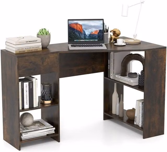 VOGREX Brown Compact L-Shaped Corner Desk with Storage – 1