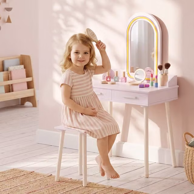 AIYAPLAY Kids Dressing Table with Stool and 3-Colour LED Hollywood Mirror in Pink