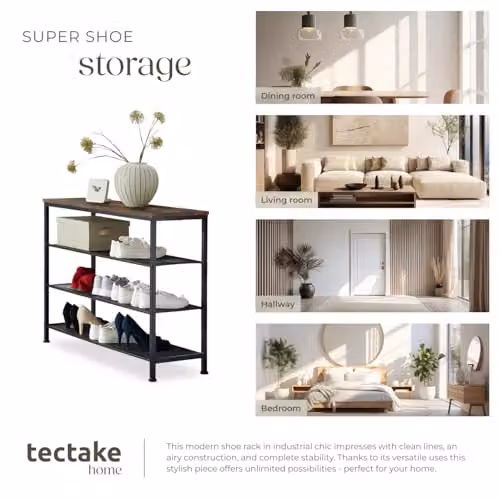 tectake 4-Tier Industrial Shoe Rack with Metal Frame and MDF Shelves in Black and Brown, W/D/H: 100 x 30.5 x 72.5 cm – 5