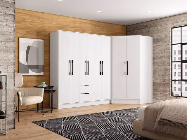FEOVA White Corner Cupboard with 8 Doors and 2 Drawers, W: 263 cm, H: 182 cm, D: 101.5 cm