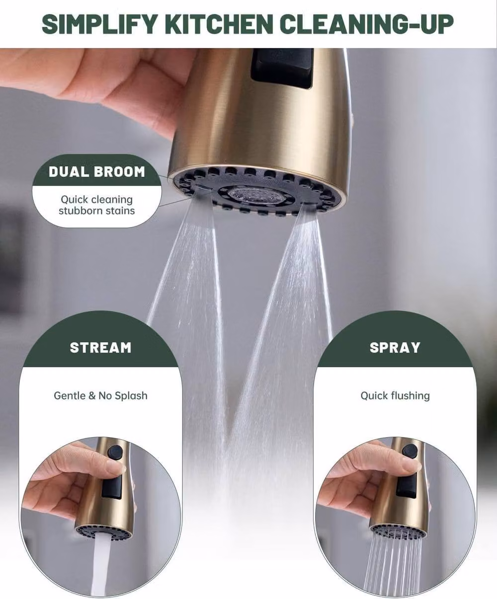JANLEMNY Brushed Gold Kitchen Mixer Tap with 3-Function Pull-Out Spray and Swivel Spout – 3