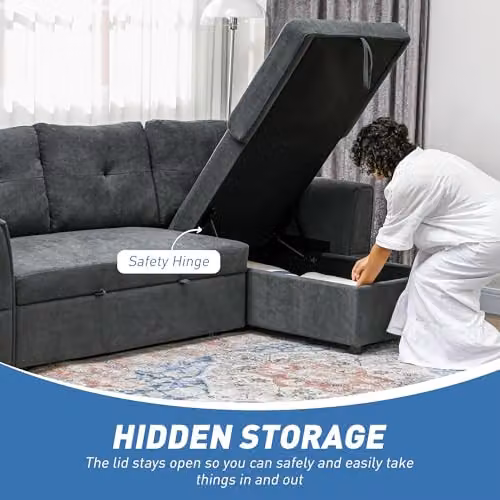 HOMCOM L-Shaped 3 Seater Pull Out Sofa Bed with Storage in Grey – 5