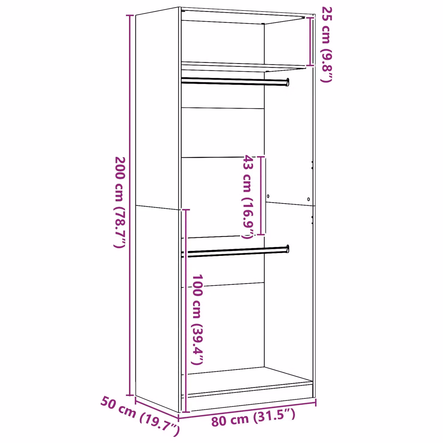 Berkfield Home Black Oak Wardrobe in Black MDF, W/D/H: 80 x 50 x 200 cm – 4