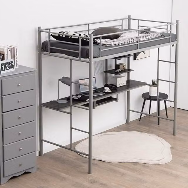 COSTWAY Industrial Metal Single Loft Bed Frame with Side Compartments in Silver