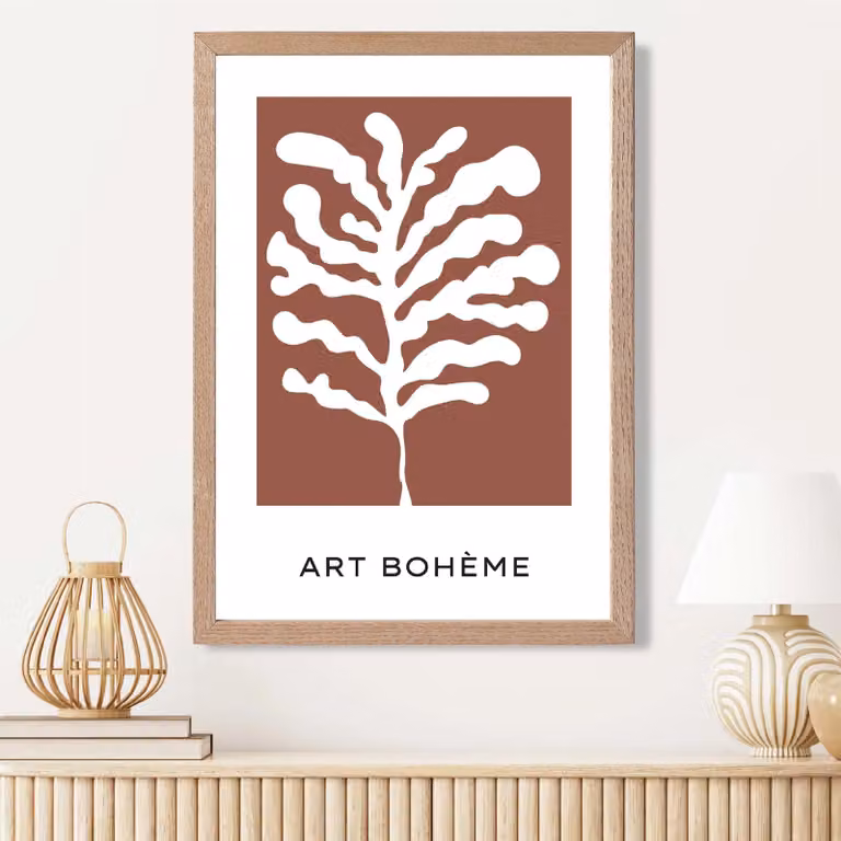 ARTZE Matisse Style Red and White Floral Cutout Framed Print with Oak Wood Frame