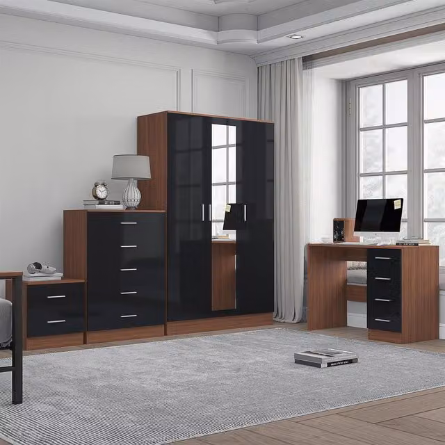 REFLECT Furniture Bundle including 3-Door Mirror, Chest, Bedside Table and Desk in Black Gloss and Matt Walnut
