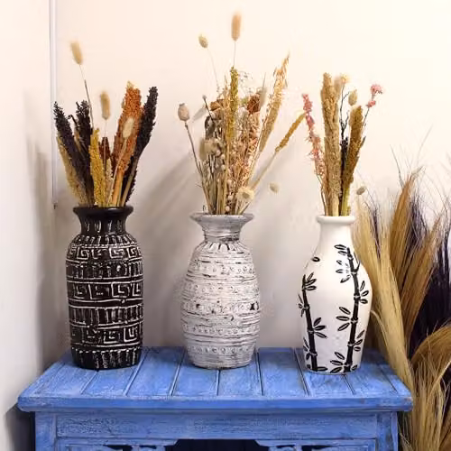 KDMD Ceramic Floral Ethnic Tabletop Vase in White, Beige or Sand, H 30.0 cm x W 14.0 cm x D 14.0 cm – 2