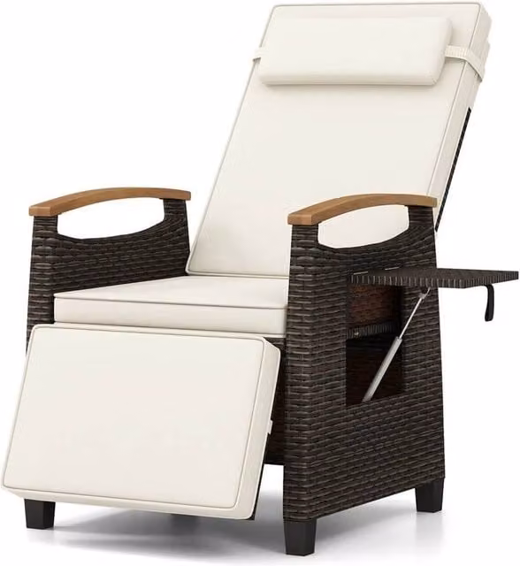 Gymax Brown Polyrattan Outdoor Reclining Lounge Chair with Footrest, Adjustable Headrest and Side Tray – 1