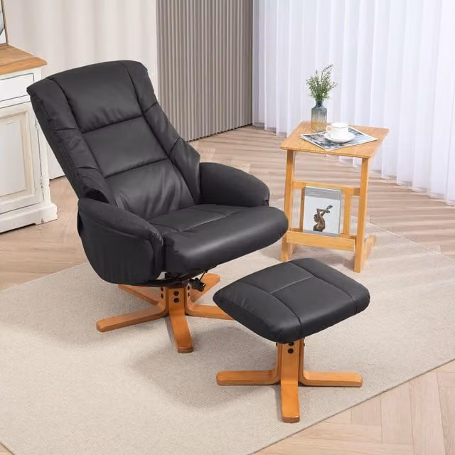 HOMCOM Black Synthetic Leather Recliner Armchair with Solid Wood Base – 1