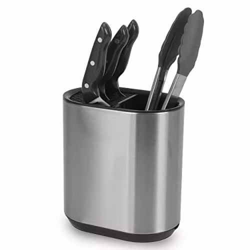 Top 3 Stainless Steel Kitchen Utensil Holder and Knife Block in Silver with Drainage System and Non-Slip Base
