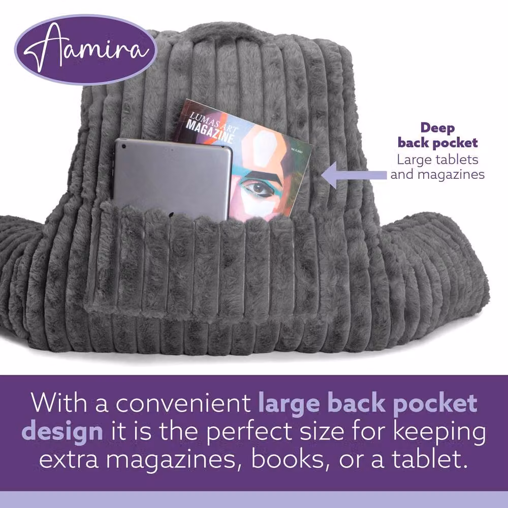 Aamira Grey Faux Fur Ribbed Memory Foam Contoured Wedge Reading Pillow – 5