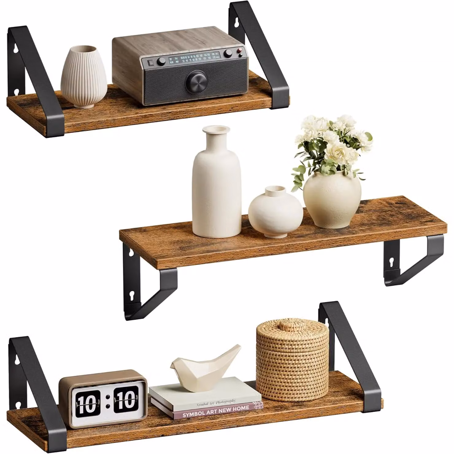 VASAGLE 3 Piece Brown Wall Mounted Floating Display Shelves and Organising Rack – 4