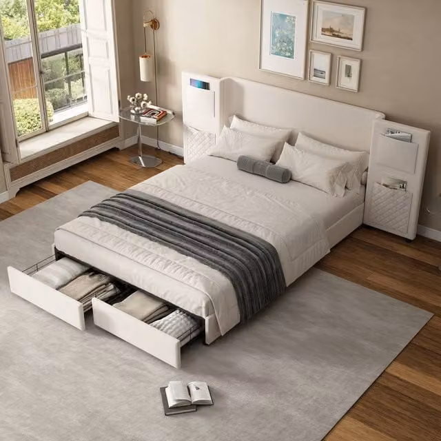 Rolipo Beige Velvet Storage Bed with 2 Drawers W/D/H: 135 x 190 x 87.5 cm