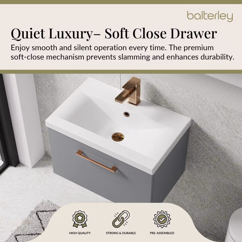 Balterley Modern Wall Hung 1 Drawer Vanity Basin Unit in Satin Grey with Bronze Handle, Width: 60 cm – 3