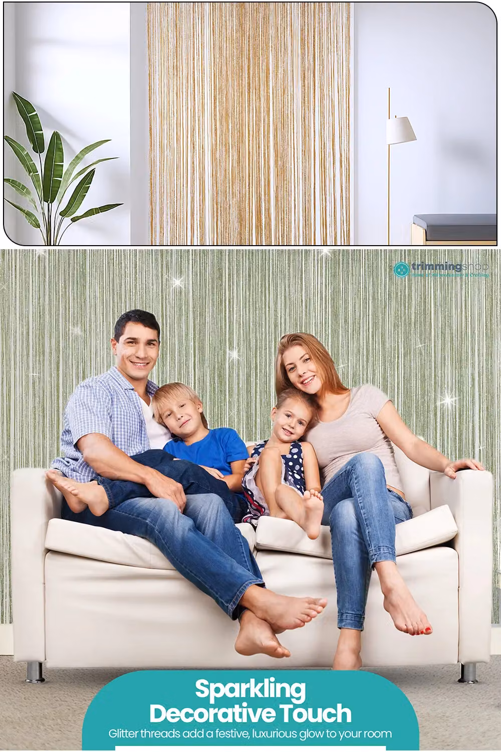 Neel Blue Glitter Polyester String Curtain with Green Spaghetti Tassel Fringe, W: 90 cm, H: 200 cm – 3